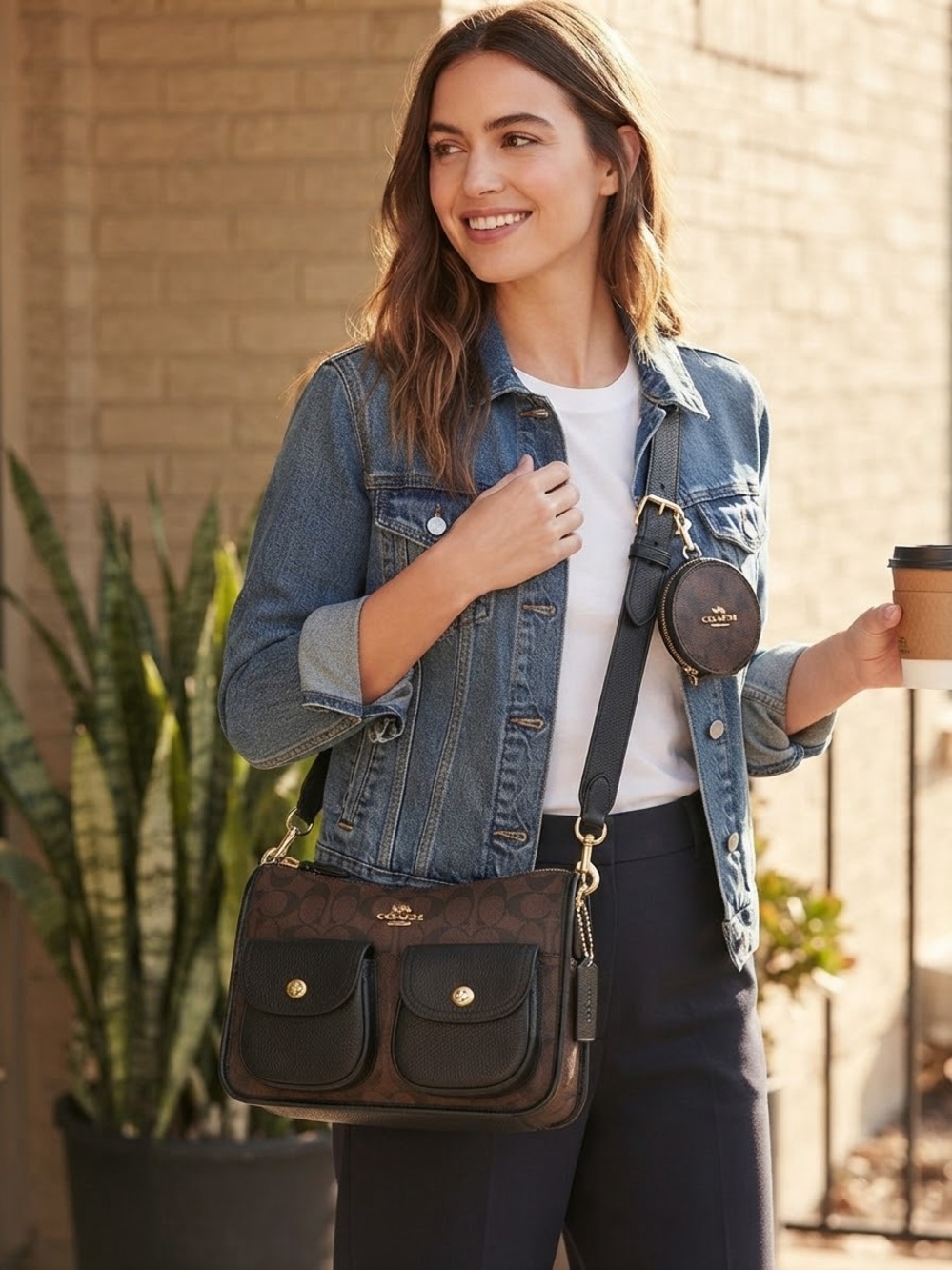 Coach Signature Canvas & Pebble Leather Pennie Crossbody Bag with Coin Case Brow
